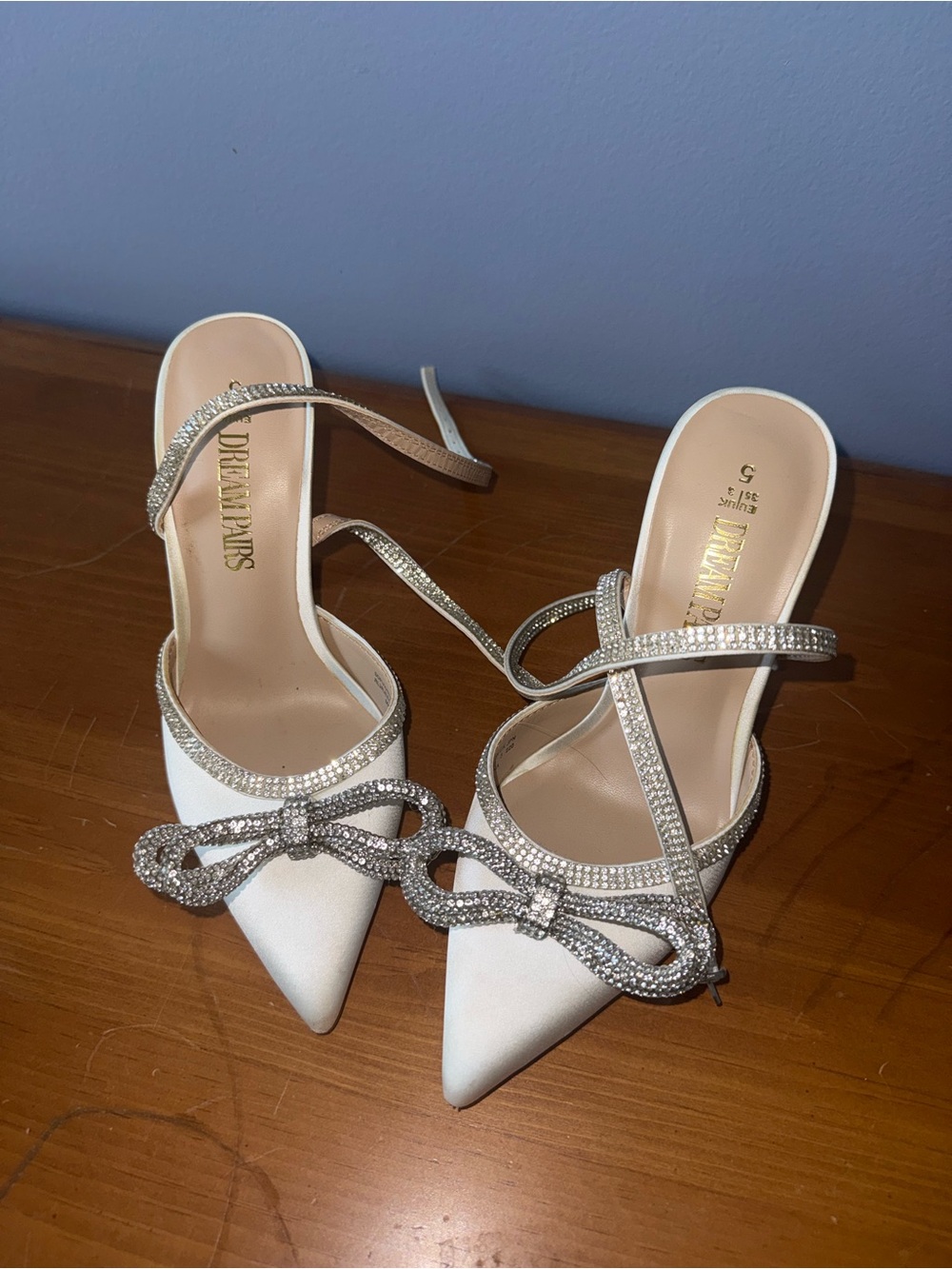 Dream Pairs White Rhinestone Bow Strappy Pointed-Toe Heels